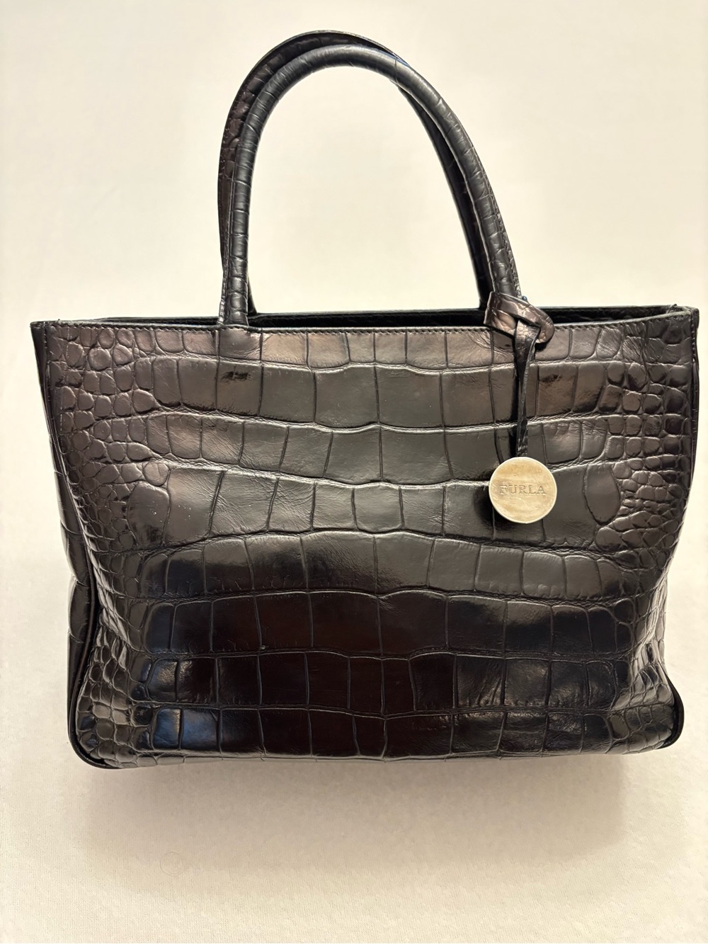 Furla Black Croc-Embossed Leather Tote with Medallion Charm
